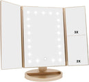 Tri-Fold Lighted Makeup Mirror with 21 LEDs, 3X Magnification, Rose Gold